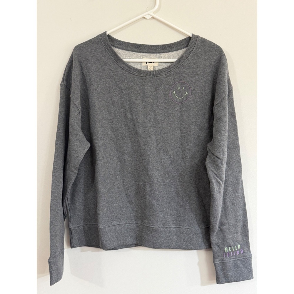 Pact Organic Cotton Sweatshirt L Grey Smiley Face Hello Friend Pullover NWT